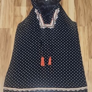 THML Navy Blue Halter Embroidered Dress With Tassles Sz M Boho Chic